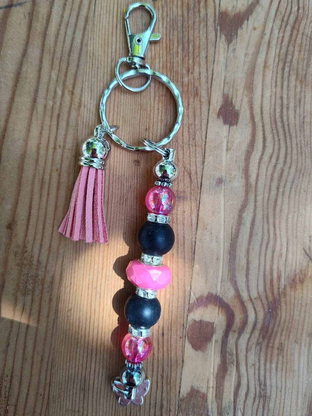 Handmade Pink Tassel Beaded Keychain with Butterfly Charm